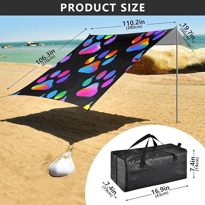 ALAZA Neon Dog Paw Pattern Beach Tent Sun Shelter Portable Canopy Sunshade for Outdoor Camping Picnics Backyard Fun 10x9 ft