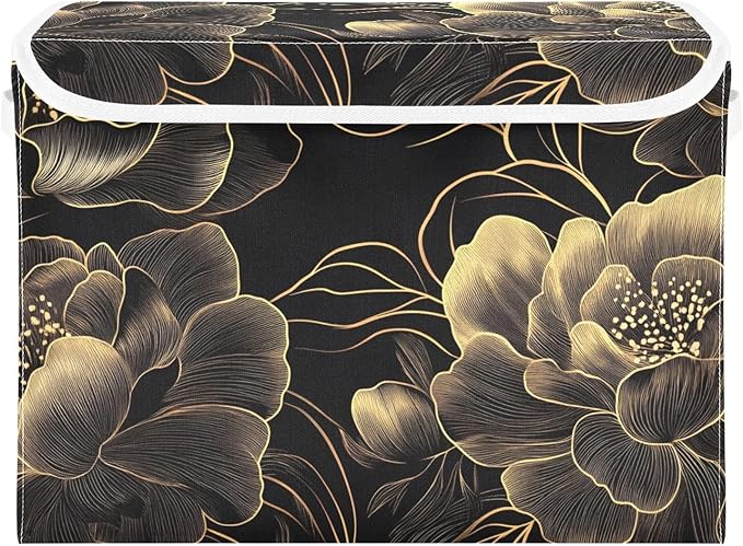 AIXIWAWA Storage Cube with Lid (Gold Black Floral) Fabric Foldable Closet Bins with Flip Lid and Handles Organizer Basket Container 16.5 x 12.6 x 11.8 IN
