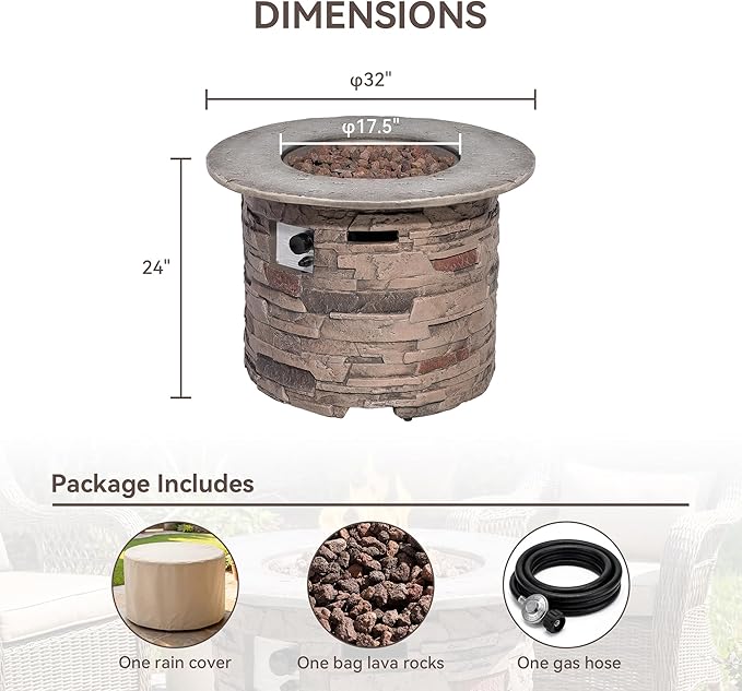 COSIEST Outdoor Propane Concrete Fire Pit Table w Imitation Stone Surface 32-inch Round Fire Table Certified 40000 BTU Stainless Steel Burner Free Lava Rocks Fits 20lb Tank Inside