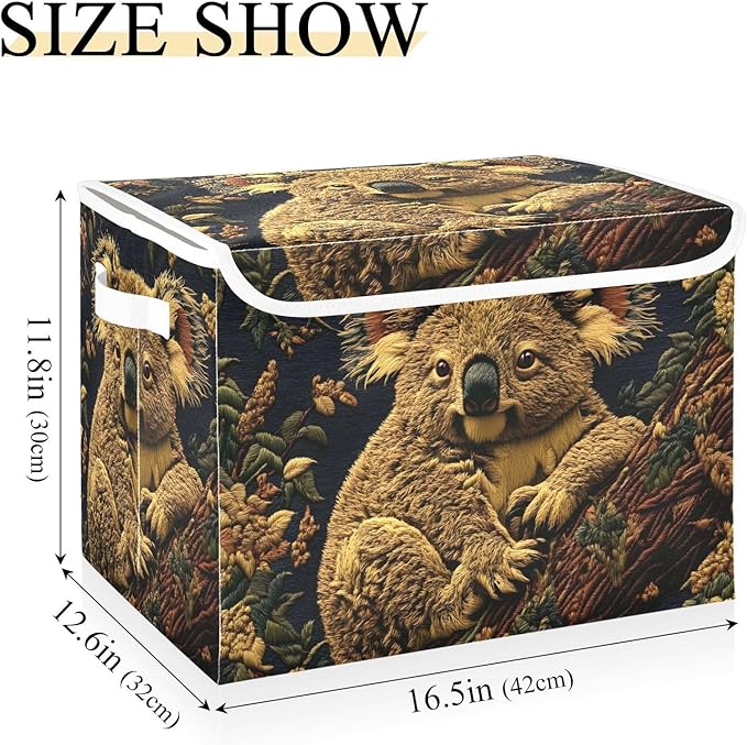 Forest Koala Storage Cube Bins Basket with Lid Collapsible Flip-top Fabric with Handle for Home Bedroom Closet Office 16.5×12.6×11.8 in