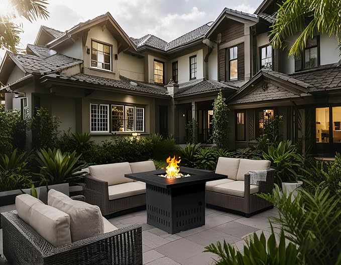 AJ Enjoys 34'' Propane Fire Pit Table 50000 BTU Detachable Tabletop Fire Table with Steel Lid Laval Rocks Deck Safe Fire Pit Gas Fire Pits for Outside Patio