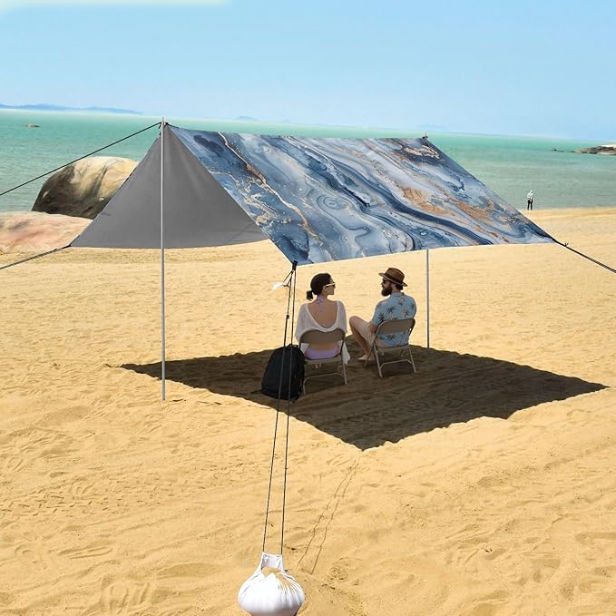 ALAZA Marble Watercolor Blue &amp Gold Beach Tent Sun Shelter UPF50+ Protection Beach Shade Canopy w/ 4 Sandbags for Outdoor Camping Fishing Backyard Fun Picnic 10x9 ft