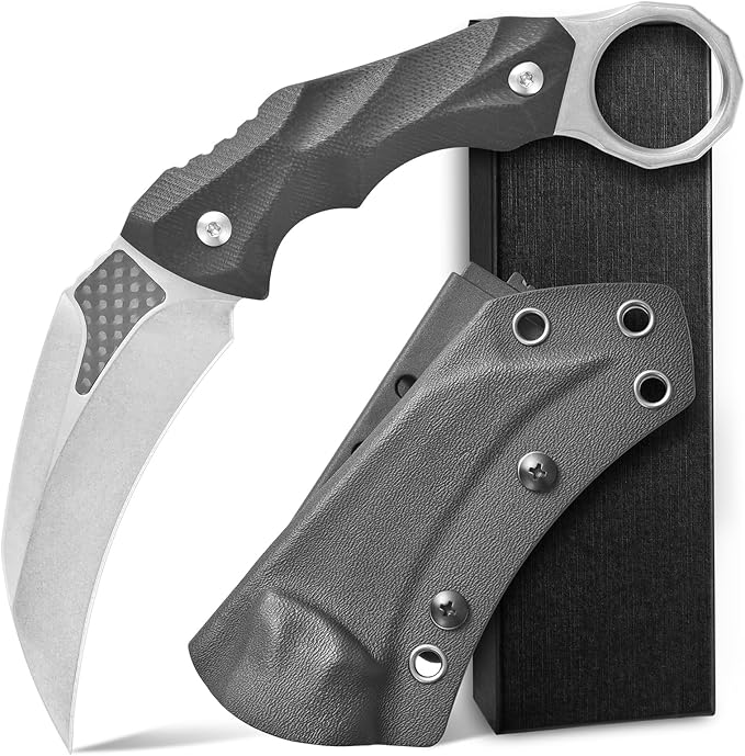 Ccanku C1692 Carbon Fiber Fixed Blade KnifeD2 Steel G10 Handle 4 Inches Camping EDC Tools Survival Claw Teeth Knife with Kydex Sheaths(Silver) … …