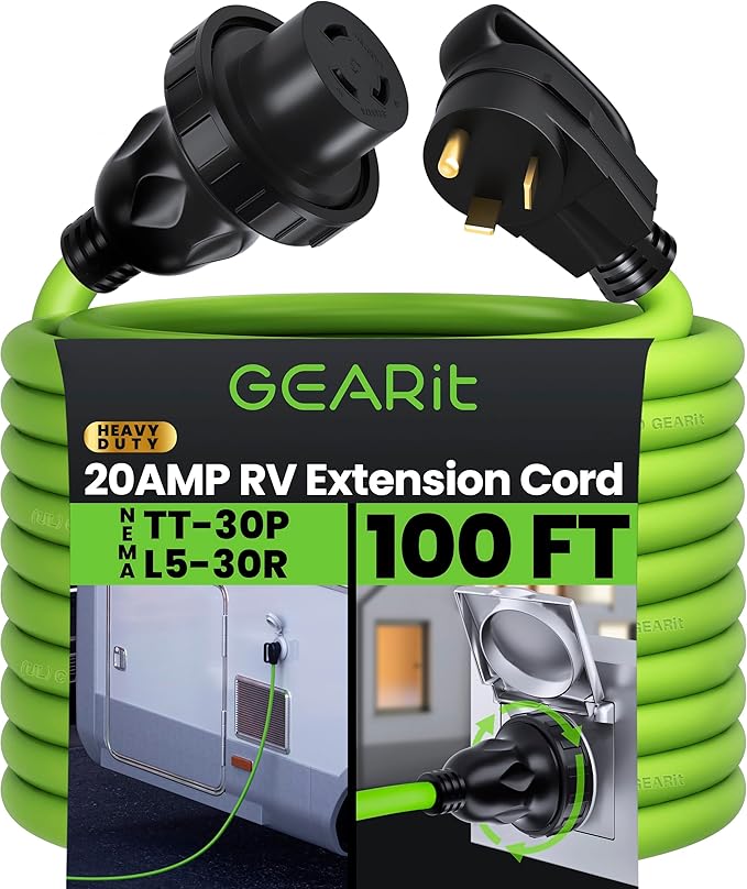 GEARit 20-Amp RV Power Extension Cord125-Volt 3-Prong NEMA TT-30P to L5-30R Twist Locking Adapter 10/3 STW 10AWG Gauge 3C RV Trailer Camper ETL Listed 100 Feet (30.4 Meters)