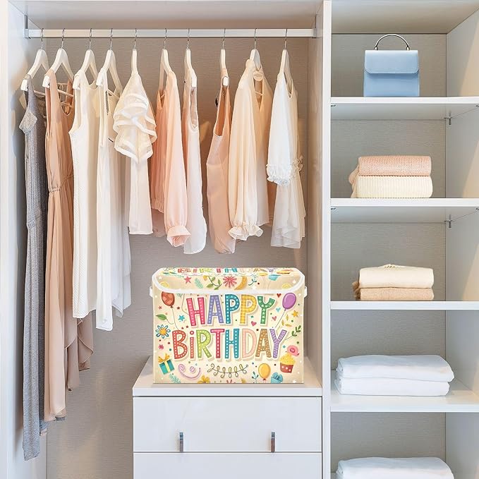 Happy Birthday Beige Large Storage Bins with Linen Foldable Storage Cubes Fabric Closet Organizer Containers box with Flip-Top Lid for Home Office Closet 16.5” x 12.6” x 11.8”