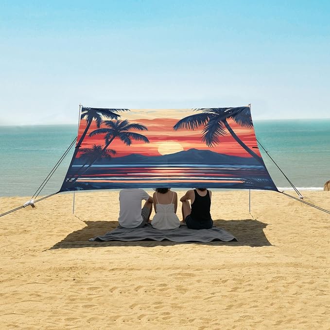 ALAZA Palm Sunset Seaside Beach Tent Sun Shelter UPF50+ Protection Beach Shade Canopy w/ 4 Sandbags for Outdoor Camping Fishing Backyard Fun Picnic 10x9 ft