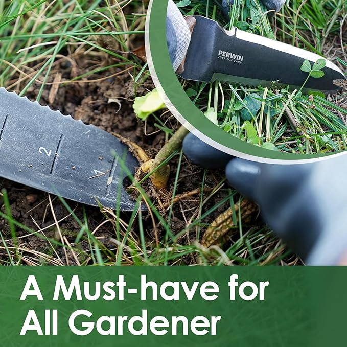 PERWIN Hori Hori Garden Knife Garden Tools with Sheath for Weeding Planting Digging 7 Stainless Steel Blade with Cutting Edge Full-Tang Walnut Wood Handle with Hanging Hole