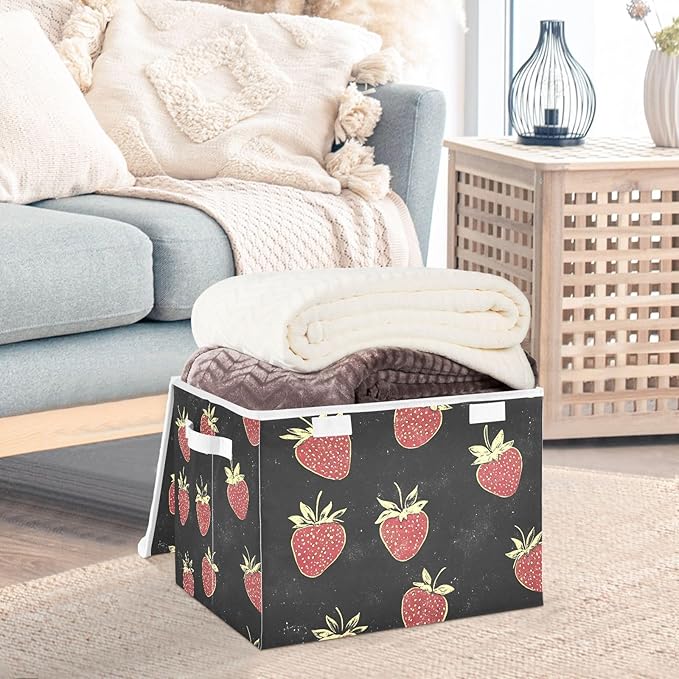 Storage Cube with Lid Cartoon Strawberry Print 16.5×12.6×11.8 IN 1 Pack Collapsible Large Capacity Foldable Storage Basket Bin Organizer