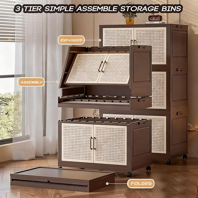 Plastic bins for storage Collapsible Closet Organizer with Wheels Extra Large Storage Cabinet Rolling Closet Organizers Container with Doors for Living RoomBedroomOffice(3 tier65x40x184.5cm)