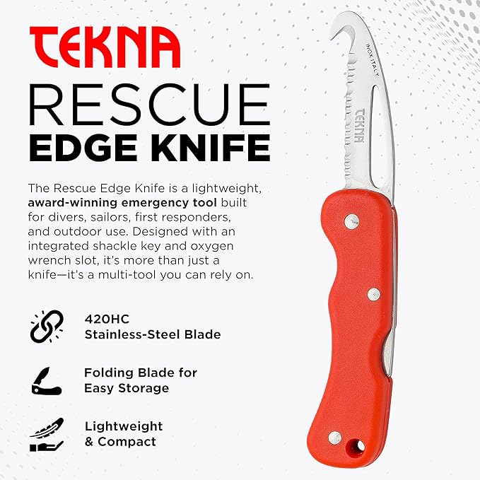 TEKNA Rescue Edge Knife – Serrated 420HC Stainless Steel Hook-Tip Folding Knife with Shackle Key &amp Oxygen Wrench | Bright Red Fiberglass Handle for Camping Boating Diving Climbing &amp Everyda