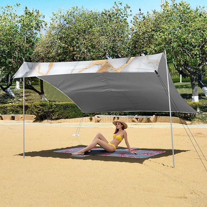 ALAZA White &amp Gold Marble Beach Tent Sun Shelter UPF50+ Protection Beach Shade Canopy w/ 4 Sandbags for Outdoor Camping Fishing Backyard Fun Picnic 10x9 ft