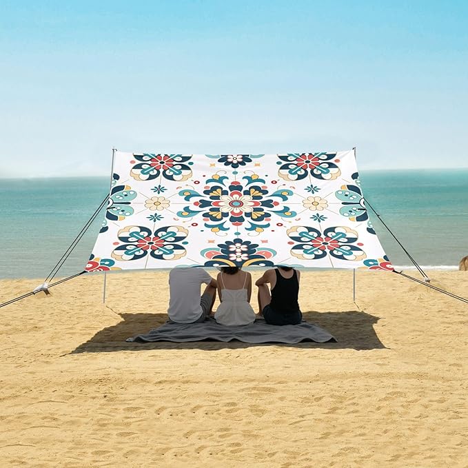 Traditional Talavera Tile Beach Tent Sun Shelter Set UPF50+ UV Protection 10.5 x 9.19 FT Camping Shade Canopy with Sandbags Sand Anchors Carrying Bag and Others
