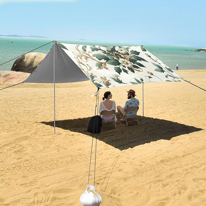 Elegant Flowers White Beach Tent Sun Shelter Set UPF50+ UV Protection 10.5 x 9.19 FT Camping Shade Canopy with Sandbags Sand Anchors Carrying Bag and Others