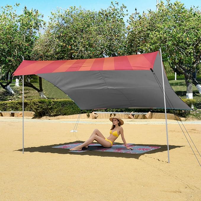 xigua Sunset Beach Tent Sun Shelter with Carrying Bag - Silver Coated Oxford Fabric Beach Canopy for Beach Camping Fishing - Includes Windproof Ropes Sandbags &amp Stakes