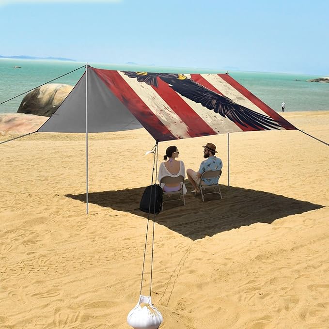 ALAZA American Flag Eagle Flying Beach Tent Sun Shelter UPF50+ Protection Beach Shade Canopy w/ 4 Sandbags for Outdoor Camping Fishing Backyard Fun Picnic 10x9 ft
