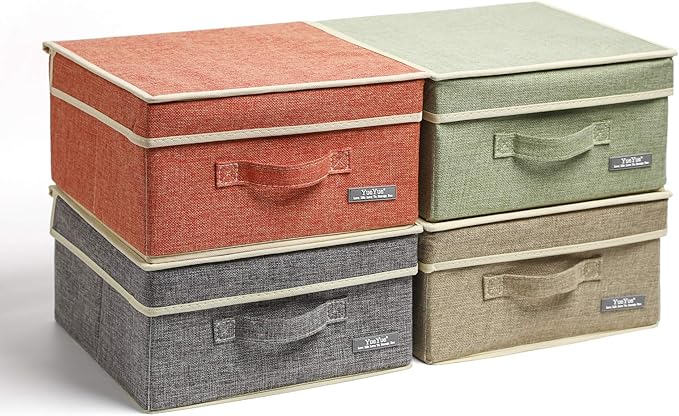 YueYue Small 4 Pack Fabric Stroage Box with Lids Linen Foldable Stroage Box with lids 4 Color Set 12.4in/12in/6.7in