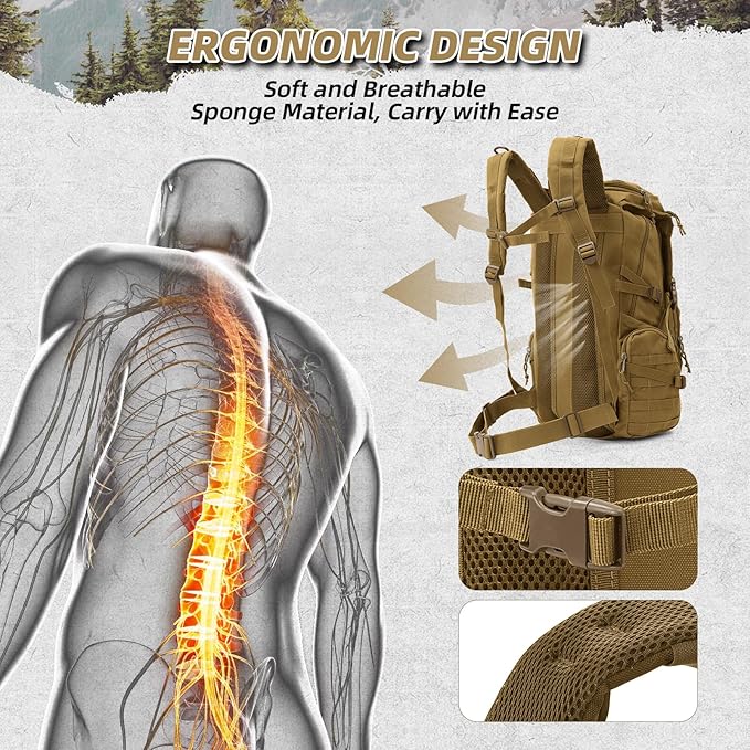 35L Military Tactical Backpack for MenWater Resistant Assault Pack for WomenKhaki Molle Daypack 3 Day Bug Out Bag Rucksack for Trekking CampingSurvivalEDC