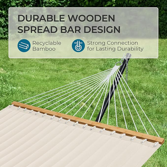 SUPERJARE Hammock with Stand 2 Person Quilted Outdoor Hammock Detachable Pillow &amp Bamboo Spreaders Portable Hammock with Carrying Bag Heavy Duty Stand Perfect for Outside Patio Cream Beige
