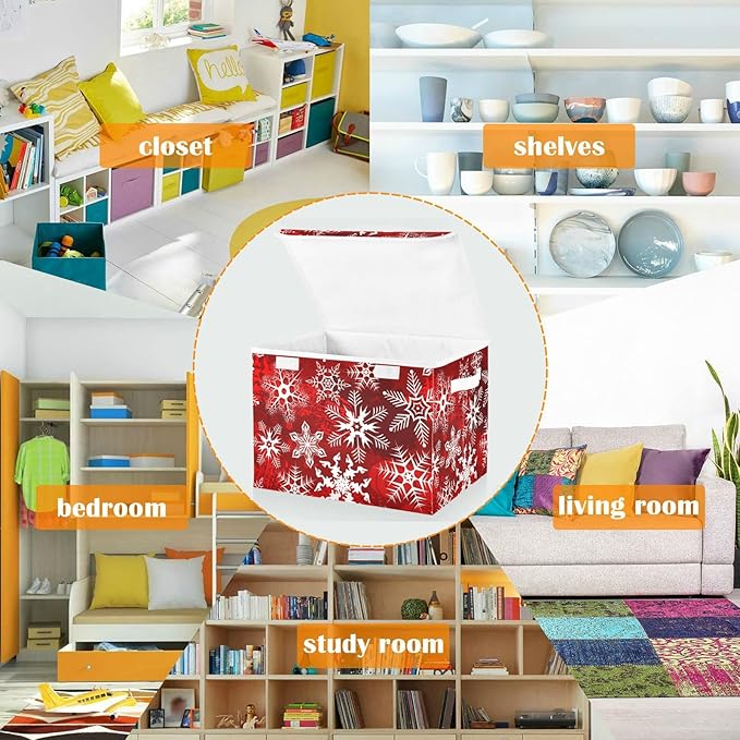 CaTaKu Large Fabric Storage Bins With LidsRed Snowflakes Christmas Storage Boxes With Handles for Organizing Clothes Collapsible Storage Cube Bins Baskets for Shelves