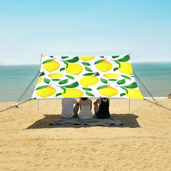 Beach Canopy with Windproof Ropes &amp Sandbags Beach Tent Sun Shade Sun Shelter for Camping Trips Fishing Backyard Fun or Picnics Lemons