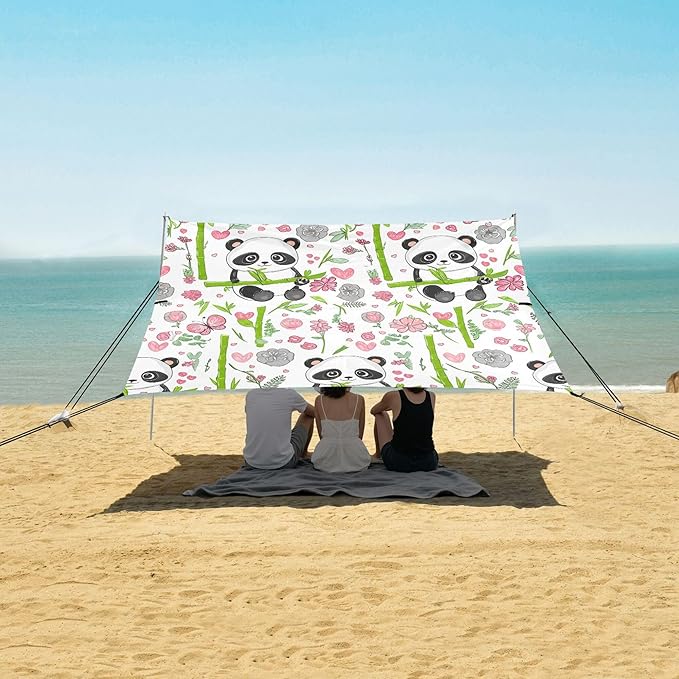 Panda Beach Canopy Sun Shelter with Sandbags &amp Sand Shovel &amp Windproof Ropes - Portable 110x126 Beach Shade Beach Tent for Camping Picnics