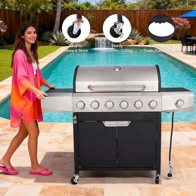 Endark 6-Burner 68500 BTU Propane Gas Grill with Side Burner Stainless Steel &amp Porcelain Grates Wheeled BBQ Grill for Patio Garden Backyard Outdoor Cooking