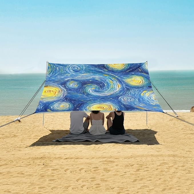 Masterpiece Starry Night Oil Painting6 Beach Tent &amp Canopy UPF50+ Water-Resistant Large Sun Shelter with Sand Shovel for Family Trips Picnics &amp Camping
