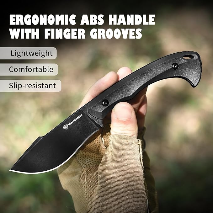 DRACHENADER 7.68 EDC Survival Knife with Fire Starter L-Y Small EDC Full Tang Fixed Blade Knife with Sheath Belt Clip Full Black
