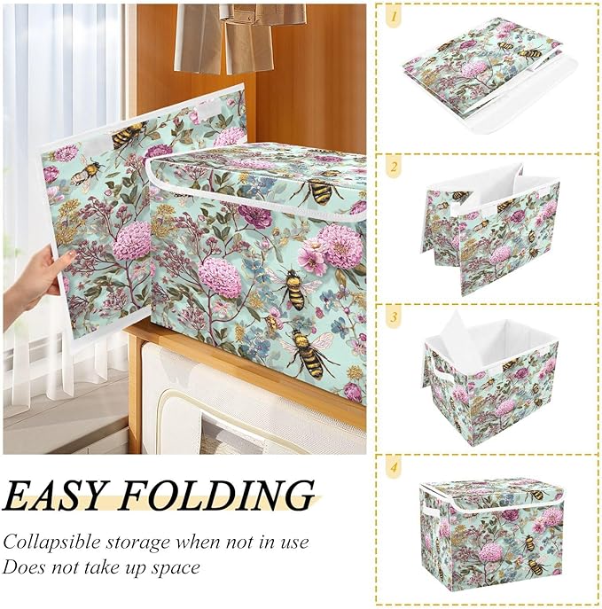 Sage Green Bees and Flowers Collapsible Storage Bins with Lids Decorative Fabric Cubes Closet Organizer Basket Boxes Containers for Clothes Box Chest Folding Rectangle
