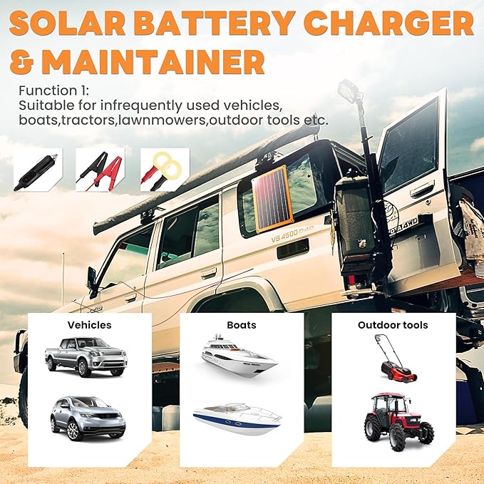 FieryRed 10W 12V Solar Panel Car Battery Charger &amp Maintainer Waterproof Trickle Charger with Built-in Controller Cig Plug Alligator Clips USB-C USB-A Outputs for Car Boat RV Tractor