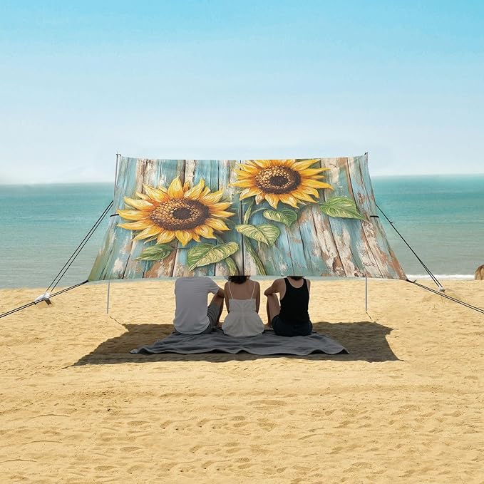 ALAZA Yellow Sunflowers on Board Beach Tent Sun Shelter UPF50+ Protection Beach Shade Canopy w/ 4 Sandbags for Outdoor Camping Fishing Backyard Fun Picnic 10x9 ft