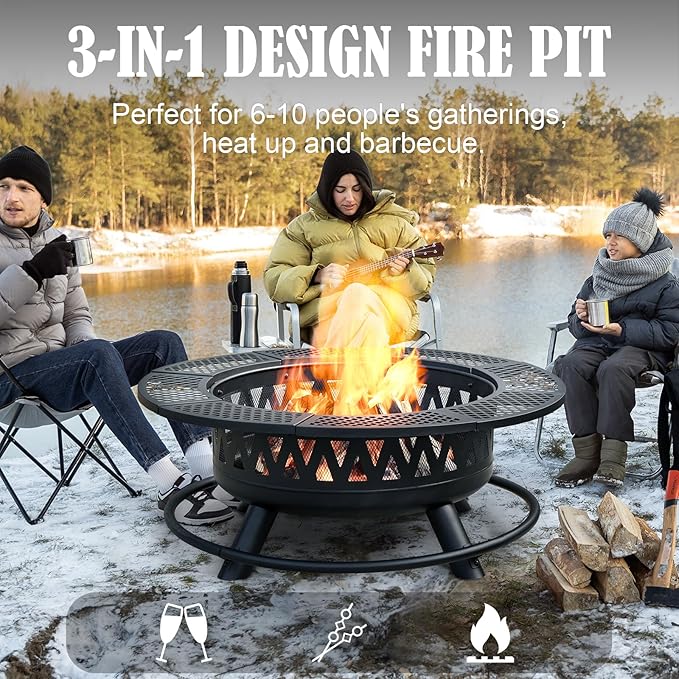 42 Inch Fire Pit with 2 Grills Large Outdoor Firepits for Outside Wood Burning Fireplace for CampingPicnicBonfire 3-in-1 Round Metal Table with Lid for BackyardPatioParty