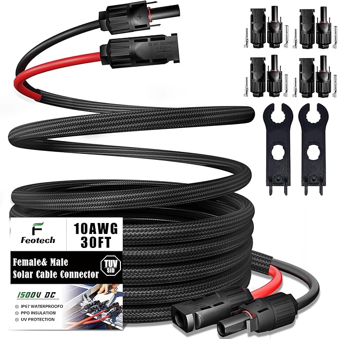 Twin Wire 30 Feet Solar Extension Cable 10AWG with -IP67- Female and Male Connector Bonus Four Pairs of Free Connector Solar Panel Adapter kit Tools (6 Pairs connectors)