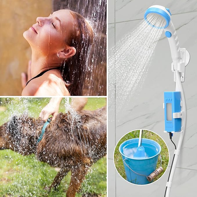 Portable Outdoor Camping Shower with Charger 5000mAh Power Bank High Capacity with LED Camping Lantern for Emergency Light Mobile phone emergency charging 3 Functions Handheld Shower Head