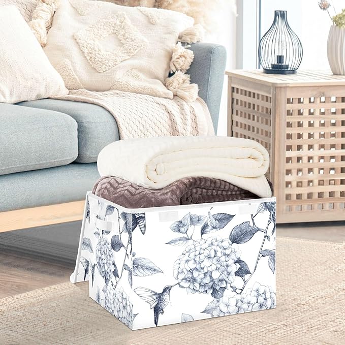 Collapsible Storage Bins with Lids Decorative Fabric Storage Cubes Closet Organizer and Storage Basket Boxes Containers for Clothes Box Chest Nursery Folding Rectangle Ink Blue Hydrangea Humm