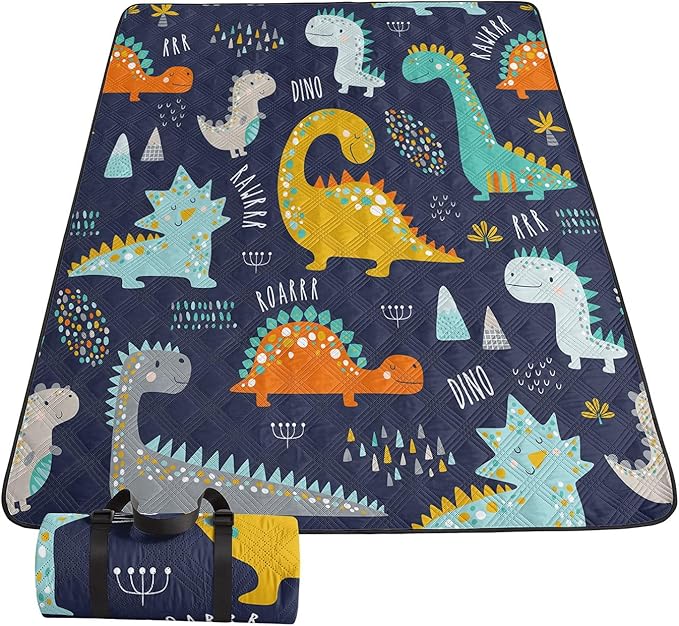 Outdoor Picnic Blanket Portable Ultrasonic Waterproof Picnic Mat Cartoon Dinosaur Printed Camping Beach Mat for Sand and Wet Grass Hiking (Cartoon Dinosaur L)