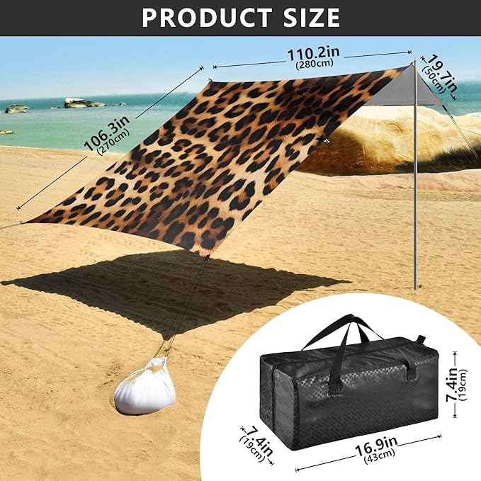 ALAZA Leopard Print Cheetah Beach Tent Sun Shelter UPF50+ Protection Beach Shade Canopy w/ 4 Sandbags for Outdoor Camping Fishing Backyard Fun Picnic 10x9 ft