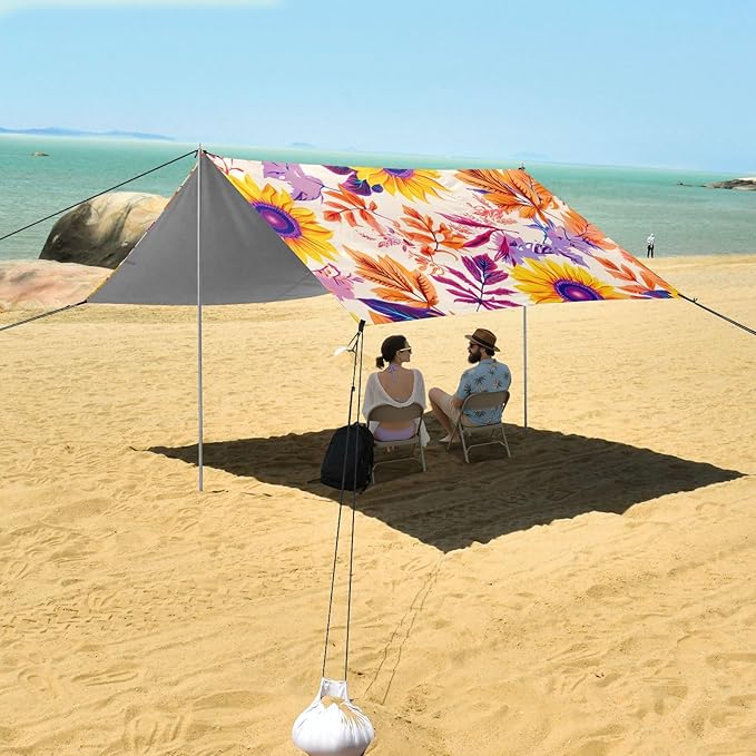 Beach Canopy with Windproof Ropes &amp Sandbags Beach Tent Sun Shade Sun Shelter for Camping Trips Fishing Backyard Fun or Picnics Flowers