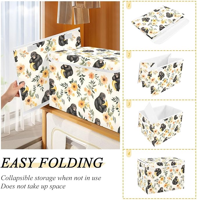 Gorilla Floral Storage Cube Bins Basket with Lid Collapsible Flip-top Fabric with Handle for Home Bedroom Closet Office 16.5×12.6×11.8 in