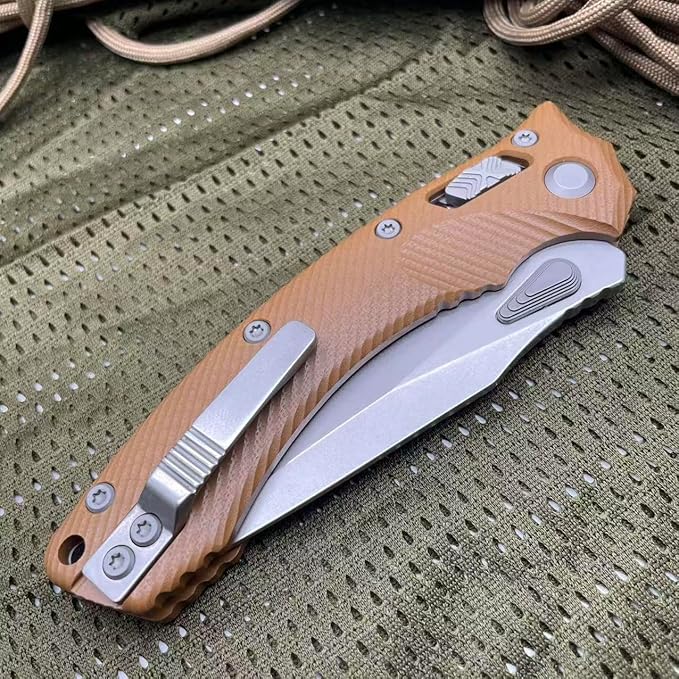 Outdoor Folding Pocket Knife with 3.9 M390 Stonewashed Blade Desert G10 Handle Crossbar-Lock Mechanism for Camping Hiking Survival EDC