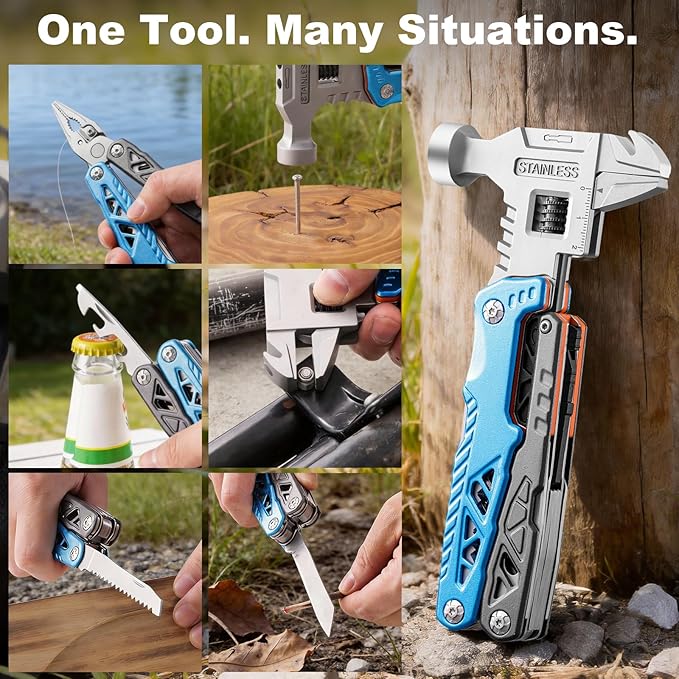 18-in-1 Multitool with Hammer &amp Adjustable Wrench Heavy-Duty Stainless Steel Folding Multi Tool Pliers for Camping Survival &amp Emergency Practical Gifts for Men &amp Dad (Blue)