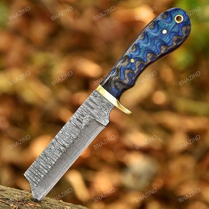 8 Handmade Damascus Bull Cutter Knife with Pancake Sheath - Western Cowboy knife for Hunting Skinning Camping and outdoor activities