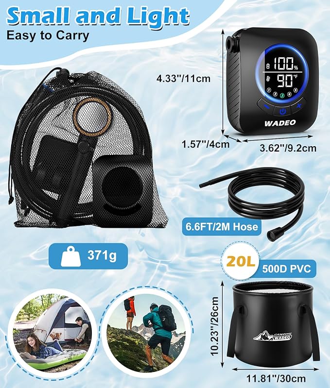 2026 Upgraded Portable Shower for Camping 8000mAh Rechargeable Camping Shower Pump with 5 Gal Foldable Bucket 5 Pressure Modes IPX8 Waterproof Outdoor Shower for Hiking Travel Car Pet Beach