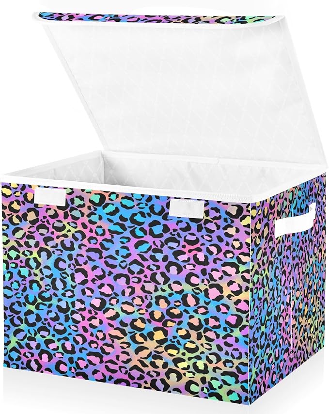 Holographic Leopard Print on Gradient Storage Boxes with Lids Stackable Closet Organizers Containers for Clothes for