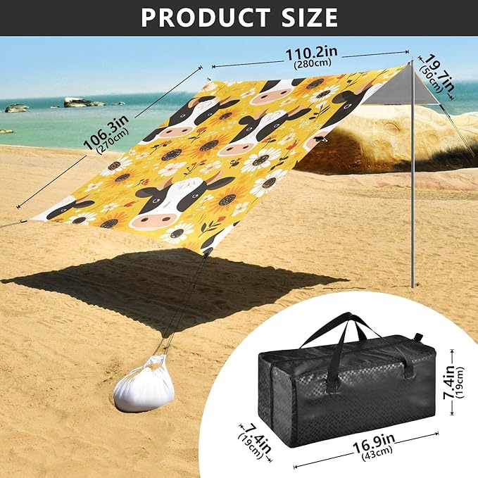 Black White Cow Print Sunflowers Foldable Beach Tent UPF50+ Lightweight Large Sun Shelter with Sandbags and Shovel for Camping Fishing Backyard Fun