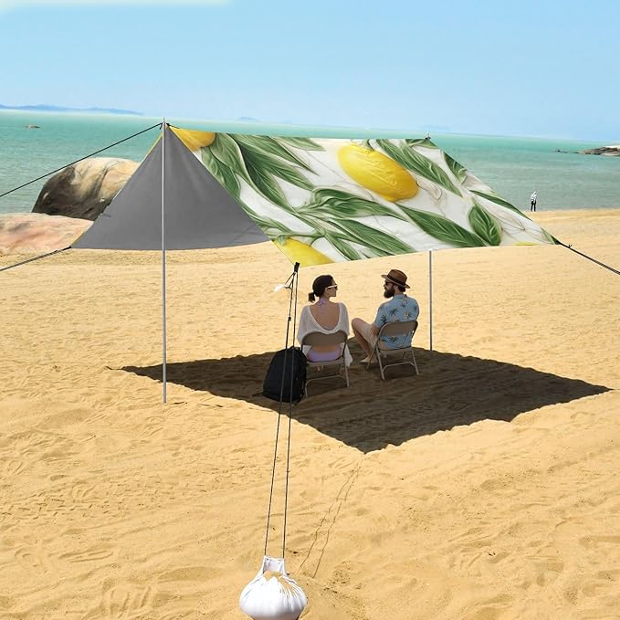 ALAZA Lemon Green Leave Marble Beach Tent Sun Shelter Portable Canopy Sunshade for Outdoor Camping Picnics Backyard Fun 10x9 ft