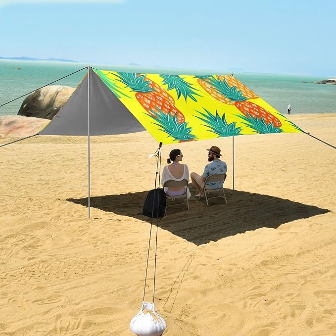 Beach Canopy with Windproof Ropes &amp Sandbags Beach Tent Sun Shade Sun Shelter for Camping Trips Fishing Backyard Fun or Picnics Pineapples