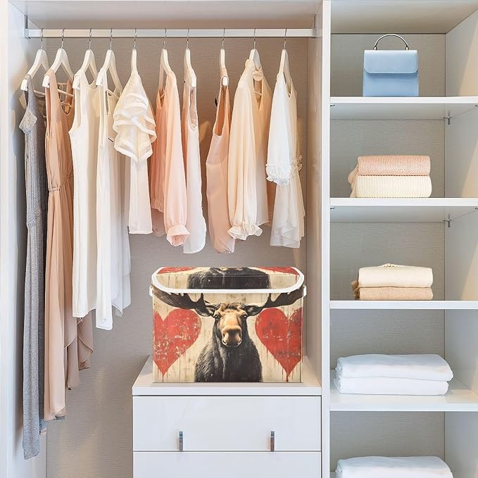 AIXIWAWA Lidded Storage Cube (Moose Valentine) Fabric Foldable Closet Bins with Flip Lid and Handles Organizer Basket Container 16.5 x 12.6 x 11.8 IN