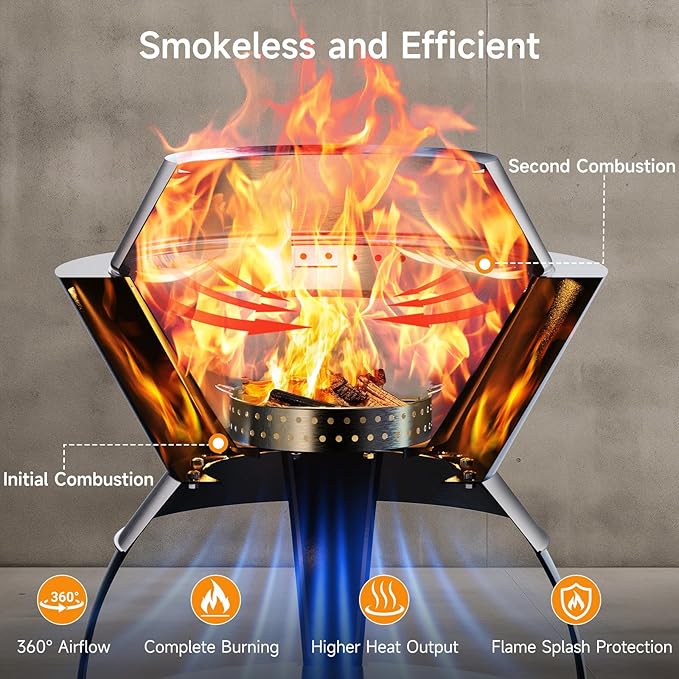 ONBRILL 20 Inch Smokeless Firepit Outdoor Fire Pit with Waterproof Lid Removable Ash Pan Handbag 2 in 1 Stainless Steel Potable Fire Pits for Outside Wood Burning Bonfire Camping Picnic Black
