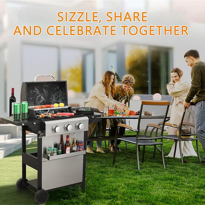 3-Burner Propane Gas BBQ Grill Stainless Steel Propane Grill 36900 BTU Outdoor Cabinet Style with Wheels Wire Rack and Two Foldable Side Table for Outdoor Barbecue Cooking (3-Burner GrillSilver)